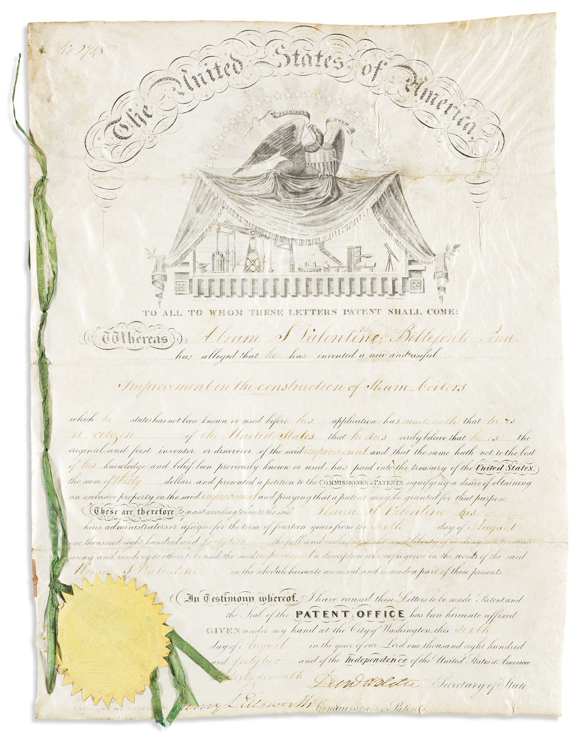 WEBSTER, DANIEL. Partly-printed vellum Document Signed, as Secretary of State,